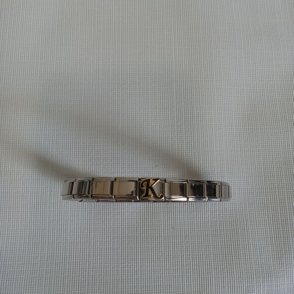 Vintage Silver Toned Composable Stainless Steel Metal Elastic K Charm Bracelet - Picture 2 of 12